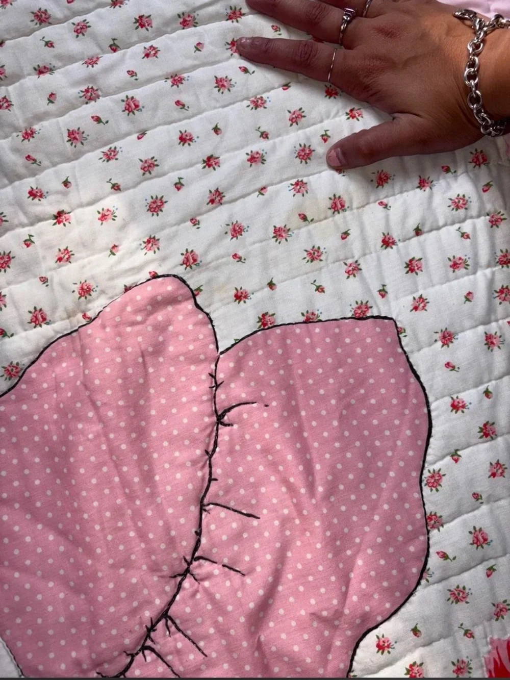 Vintage 70s Holly Hobbie Pink Floral Cottagecore Quilted Hanging Wall Decor